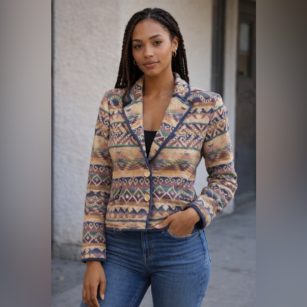 Vintage New Identity Aztec Western Patterned 100% Cotton Women's Blazer Jacket L